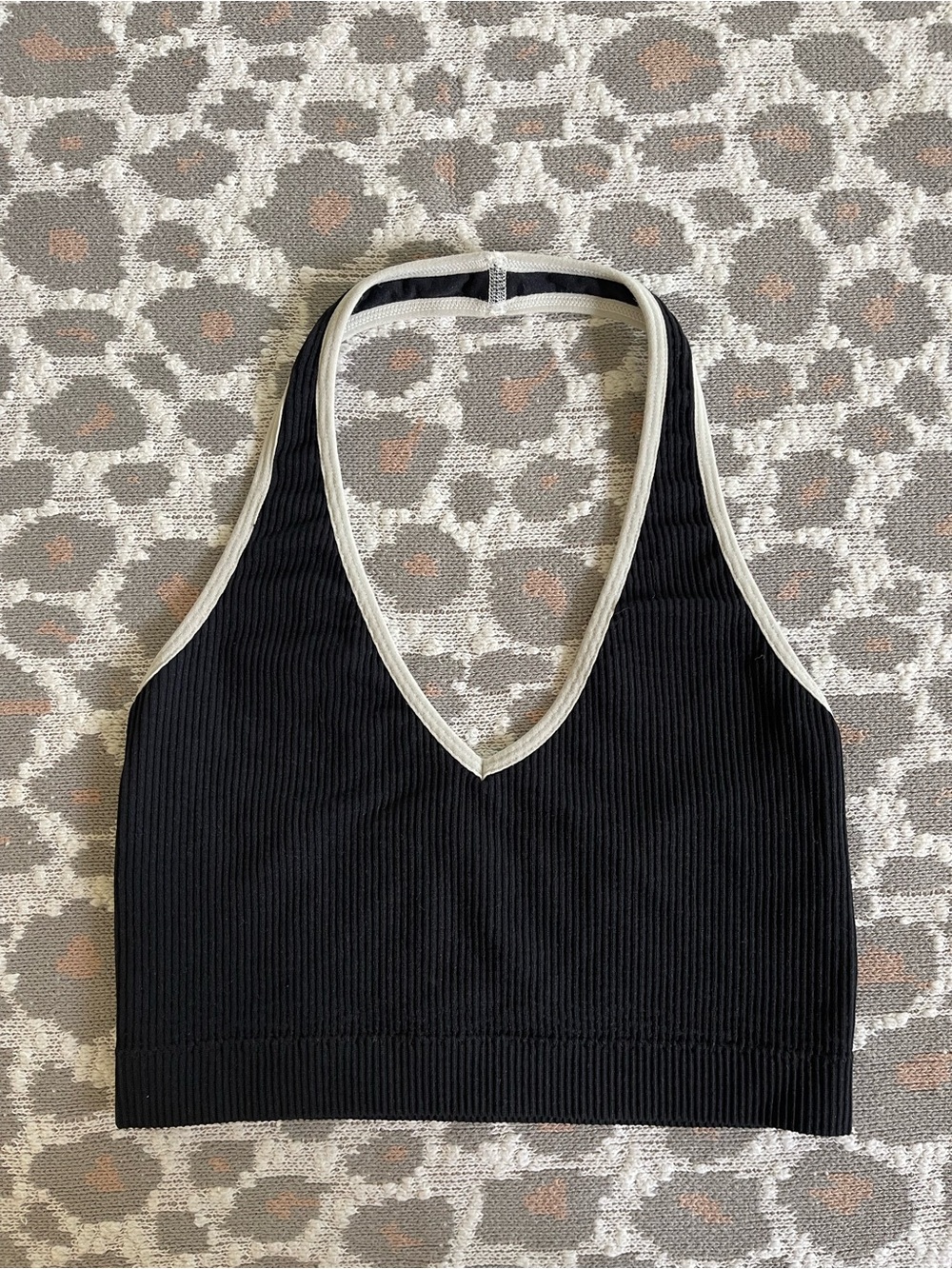 Garage Black Ribbed Halter Crop Top with Cream Trim